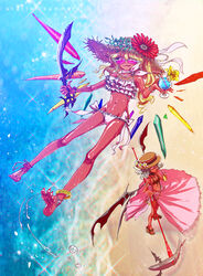  2girls alternate_costume barefoot beach bikini blonde_hair breasts brown_headwear cocktail commentary_request cross cross_necklace crystal dark-skinned_female dark_skin demon_wings drinking_straw fingernails flandre_scarlet flat_chest flower flying frilled_bikini frills from_above full_body grey_hair hat hat_flower hibiscus highres holding holding_scythe holding_sword holding_weapon jewelry laevatein_(touhou) lastdark long_hair looking_at_viewer medium_bangs multiple_girls navel necklace ocean oerba_yun_fang open_mouth pink_headwear pink_skirt purple-tinted_eyewear red_bikini red_eyes red_flower red_nails red_wings remilia_scarlet sand sarong scythe self-harm_scar sharp_fingernails sharp_toenails shiny_skin short_hair siblings sisters skirt small_breasts soles sparkle spear_the_gungnir standing sun_hat sunglasses swimsuit sword tan tinted_eyewear toenails touhou water weapon white_flower wings wrist_cutting 