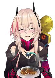  banana_(girls&#039;_frontline) black_jacket blush closed_eyes commission dinergate_(girls&#039;_frontline) fangs female food girls&#039;_frontline highres holding holding_food jacket long_hair m4_sopmod_ii_(girls&#039;_frontline) m4_sopmod_ii_(mod3)_(girls&#039;_frontline) mechanical_arms multicolored_hair non-humanoid_robot open_mouth pancake pink_hair robot simple_background smile smoke solo suprii white_background wire 