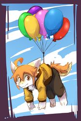  anthro attached_to_balloon balloon balloon_support barefoot bottomwear brown_bottomwear brown_clothing brown_pants cheek_tuft clothed clothing dragon facial_tuft feet full-length_portrait fur furred_dragon furred_scalie glistening glistening_eyes hair hi_res inflatable inflatable_support kutto kuttoyaki looking_at_viewer male mouth_closed mythological_creature mythological_scalie mythology orange_body orange_eyes orange_fur orange_hair pants portrait scalie simple_background solo tail topwear tuft white_body white_fur yellow_body yellow_clothing yellow_fur yellow_topwear young young_male 