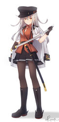  absurdres aticsanir belt black_belt black_footwear black_gloves black_hat black_pantyhose black_skirt blush boots closed_mouth collared_shirt commentary female full_body gangut_(kancolle) gangut_dva_(kancolle) gloves grey_hair hair_between_eyes hat highres holding holding_sword holding_weapon jacket jacket_on_shoulders kantai_collection long_hair long_sleeves miniskirt orange_eyes pantyhose peaked_cap pleated_skirt red_shirt rudder_footwear saber_(weapon) scabbard shadow shashka sheath shirt short_sleeves simple_background skirt solo standing sword twitter_username unsheathed weapon white_background white_hair white_jacket 