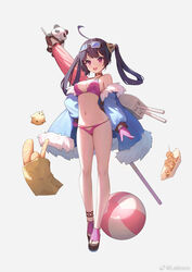  :d ahoge ankleband azur_lane ball beachball bikini breasts cameltoe cleavage commentary_request female full_body fur_trim gloves goggles goggles_on_head grey_background hair_ribbon hand_on_own_hip highres latioss medium_breasts navel ning_hai_(azur_lane) ning_hai_(summer_hunger)_(azur_lane) o-ring o-ring_bikini o-ring_bottom official_alternate_costume open_mouth panda parasol platform_footwear purple_bikini purple_eyes purple_gloves purple_hair ribbon simple_background smile solo swimsuit teeth toeless_footwear twintails umbrella upper_teeth_only weibo_watermark 