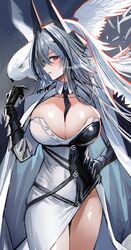  absurdres asymmetrical_clothes asymmetrical_coat asymmetrical_dress azur_lane bird black_straps blush breasts cleavage coat female grey_hair hand_on_own_hip high_heels highres horns kaki_z3 kursk_(azur_lane) large_breasts long_hair looking_at_viewer mechanical_horns owl red_eyes snow solo two-tone_dress very_long_hair very_long_sleeves white_bird 