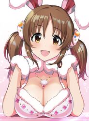  :d animal_ears bare_shoulders blush breasts brown_eyes brown_hair cleavage crop_top dot_nose dress fake_animal_ears female gloves gradient_background hair_ornament hair_scrunchie head_rest heart heart_necklace highres idolmaster idolmaster_cinderella_girls idolmaster_cinderella_girls_starlight_stage jewelry large_breasts long_hair looking_at_viewer mittens natsuya_(natuya777) necklace open_mouth pink_background rabbit_ears scrunchie simple_background smile solo totoki_airi twintails white_dress 