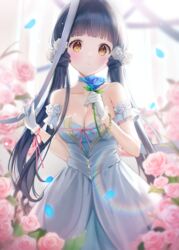  absurdres bare_shoulders blue_choker blue_dress blue_flower blue_hair blue_rose blurry blurry_background blush breasts brown_eyes chains choker cleavage collarbone commentary_request cosmetics curtains dot_nose dress falling_petals female flower gloves hair_flower hair_ornament heart_bracelet highres holding holding_flower holding_lipstick_tube idolmaster idolmaster_million_live! idolmaster_million_live!_theater_days kitakami_reika lipstick_tube long_hair looking_at_viewer low_twintails medium_breasts open_mouth parted_lips petals pink_flower pink_ribbon pink_rose rainbow_gradient ribbon rose scrunchie solo standing sunlight twintails very_long_hair white_gloves window yurancoco 