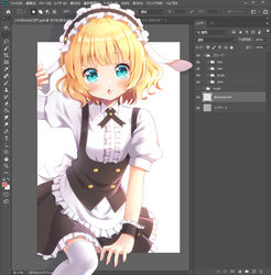  adobe_photoshop animal_ears apron aqua_eyes blonde_hair blush commentary_request female fleur_de_lapin_uniform floppy_ears gochuumon_wa_usagi_desu_ka? highres kirima_syaro looking_at_viewer mozukun43 open_mouth puffy_short_sleeves puffy_sleeves rabbit_ears short_hair short_sleeves solo thighhighs through_medium through_screen waist_apron white_apron white_thighhighs wrist_cuffs 