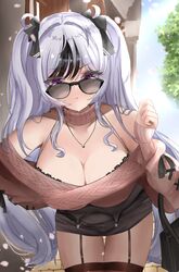  absurdres azur_lane bag bare_shoulders black_bra black_hair bow bra bra_peek breasts brown_sweater brown_thighhighs choker cleavage closed_mouth elbe_(azur_lane) elbe_(pure-hearted_bad_girl)_(azur_lane) female garter_straps hairbow handbag highres large_breasts long_hair looking_at_viewer looking_over_eyewear medium_bangs miniskirt multicolored_hair off-shoulder_sweater off_shoulder official_alternate_costume outdoors pencil_skirt pout purple_eyes rei_tuki skirt sleeves_past_wrists solo streaked_hair sunglasses sweater thighhighs tinted_eyewear twintails two_side_up underwear very_long_hair white_hair zettai_ryouiki 