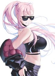  absurdres alternate_costume black_jacket blush breasts choker crop_top english_commentary female floating_hair grin highres himeliofon hololive hololive_english jacket large_breasts long_hair looking_at_viewer midriff mori_calliope off_shoulder pink_hair red_eyes simple_background smile solo sunglasses very_long_hair virtual_youtuber white_background 