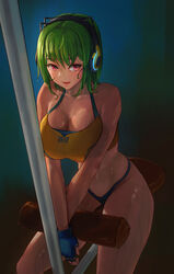  breasts cleavage exercise_machine female fingerless_gloves gloves green_hair hair_between_eyes headphones hungr_(nyanom) large_breasts last_origin looking_at_viewer mighty_r official_alternate_costume open_mouth orange_sports_bra sitting smile solo sports_bikini sports_bra sweat toned v_arms 