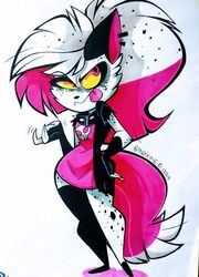  anthro canid canine collar crymini_(hazbin_hotel) ear_piercing female fur hazbin_hotel hi_res mammal milkkirie_(artist) piercing pink_pupils pupils solo white_body white_fur yellow_sclera zoophobia 