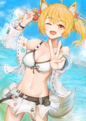  ;d absurdres ahoge animal_ear_fluff animal_ears arknights arm_up bad_id bad_pixiv_id bare_shoulders belt bikini bikini_skirt black_belt blonde_hair blue_sky blush breasts cleavage cloud commentary_request cowboy_shot day female flower groin hachiko_(0088) hair_between_eyes highres holding holding_microphone long_sleeves md5_mismatch medium_breasts microphone microskirt navel oerba_yun_fang off_shoulder official_alternate_costume one_eye_closed open_clothes open_mouth open_shirt outdoors red_eyes shirt short_hair skirt sky smile solo sora_(arknights) sora_(summer_flowers)_(arknights) standing stomach swimsuit twintails v water white_bikini white_flower white_shirt white_skirt wolf_ears 