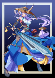  absurdres bare_shoulders boots breasts covered_nipples detached_sleeves duel_monster fake_horns female fleurdelis_(yu-gi-oh!) full_body hair_over_one_eye hat highres holding holding_sheath holding_sword holding_weapon horned_headwear horns jingasa large_breasts long_hair maple_(maple_alt) orange_eyes purple_hair scar scar_on_arm sheath solo sword talisman the_iris_swordsoul very_long_hair weapon yu-gi-oh! 