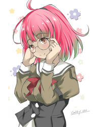  adjusting_eyewear ahoge breasts corset female gakky green_hair grey_sailor_collar juliet_sleeves kantai_collection large_breasts long_sleeves multicolored_hair neckerchief one-hour_drawing_challenge orange_eyes pink-framed_eyewear pink_hair ponytail puffy_sleeves red_neckerchief sailor_collar sailor_shirt school_uniform serafuku shirt short_hair simple_background smile solo streaked_hair ume_(kancolle) upper_body white_background 