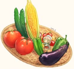  bell_pepper blunt_bangs bokukawauso chibi corn cucumber eggplant female food food_focus gloves green_pepper grey_hair hat kantai_collection long_hair low_twintails mikura_(kancolle) okra pleated_skirt red_skirt sailor_collar school_uniform serafuku signature simple_background skirt tomato twintails vegetable very_long_hair white_gloves white_headwear wss_(nicoseiga19993411) yellow_background 