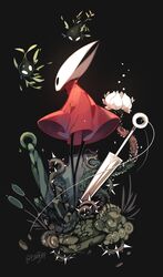  2022 absurd_res anthro arthropod cape clothing featureless_(disambiguation) female firebay flower hi_res hollow_knight hornet_(hollow_knight) insects melee_weapon plant red_cape red_clothing simple_background solo_focus spikes sword team_cherry weapon white_flower 