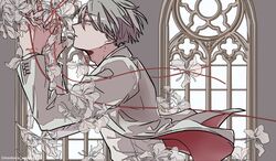  1boy church closed_mouth commentary_request flower formal from_side grey_eyes grey_hair hands_up highres indoors jacket kankara_nashi long_sleeves male_focus original profile red_jacket red_ribbon ribbon shirt short_hair solo string string_of_fate suit suit_jacket transparent_flower two-sided_fabric two-sided_jacket upper_body white_flower white_jacket white_shirt window 