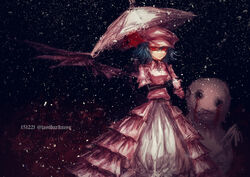  adapted_costume black_background blood blood_from_eyes blue_hair breasts closed_mouth commentary_request dated dress expressionless feet_out_of_frame female frilled_dress frills hair_between_eyes hat holding holding_umbrella lastdark long_bangs looking_at_viewer peaked_cap petticoat pink_dress pink_hat pink_umbrella red_eyes remilia_scarlet short_hair small_breasts snow snowflakes snowing snowman solo standing touhou twitter_username umbrella 