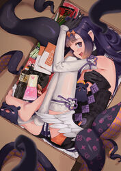  @_@ armpit_crease bare_shoulders barefoot black_shirt blurry blurry_foreground blush box breasts cardboard_box commentary depth_of_field elbow_gloves feet female food gloves gradient_hair hair_ornament hand_up highres hololive hololive_english in_box in_container indoors knees_up legs long_hair long_legs low_wings mayonnaise_bottle mochiyuki_(gigfor1) multicolored_hair ninomae_ina&#039;nis ninomae_ina&#039;nis_(1st_costume) no_shoes open_mouth orange_shorts purple_eyes purple_hair purple_ribbon ribbon shirt short_shorts shorts single_thighhigh small_breasts solo strapless strapless_shirt takodachi_(ninomae_ina&#039;nis) takoyaki_pan tentacle tentacle_hair thighhighs toenails toes virtual_youtuber wings 