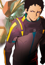  1boy bad_id bad_twitter_id blue_eyes brown_eyes brown_hair clenched_hands glowing glowing_eye gundam gundam_hathaway&#039;s_flash hair_behind_ear hathaway_noa ikuchan_kaoru looking_to_the_side male_focus mecha mobile_suit normal_suit pilot_suit robot science_fiction v-fin xi_gundam 