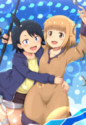  2girls black_hair blonde_hair blue_eyes brown_eyes cat_hair_ornament fish fish_background fishing_line fishing_rod hair_ornament highres hodaka_natsumi houkago_teibou_nisshi hug jacket multiple_girls oerba_yun_fang open_mouth samenoido shorts simple_background tsurugi_hina 