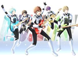  5boys :o aqua_hair bass_guitar black_gloves black_hair blonde_hair blue_eyes blue_hair blush brown_eyes brown_hair ensemble_stars! gloves hair_over_one_eye highres instrument kindo long_sleeves looking_at_viewer male_focus morisawa_chiaki multicolored_hair multiple_boys nagumo_tetora open_mouth pants purple_hair red_eyes red_hair ryuuseitai_(ensemble_stars!) sengoku_shinobu shinkai_kanata shirt short_hair simple_background smile star_(symbol) streaked_hair supernova_(ensemble_stars!) takamine_midori white_background yellow_eyes 