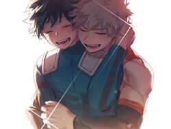  2boys backlighting bakugou_katsuki blonde_hair bodysuit boku_no_hero_academia closed_eyes cut_(nifuhami_35) freckles green_bodysuit green_hair hug hug_from_behind lens_flare male_focus midoriya_izuku multiple_boys open_mouth raised_eyebrows scar scar_on_hand simple_background smile spiked_hair sweatdrop teeth white_background yaoi 