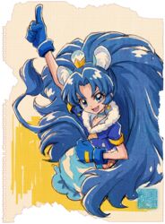  animal_ears artist_logo blue_choker blue_eyes blue_gloves blue_hair blue_jacket choker commentary_request cure_gelato earrings english_commentary eyelashes female fur-trimmed_jacket fur_trim gloves gold_crown graph_paper hair_ornament happy jacket jewelry kamikita_futago kirakira_precure_a_la_mode long_hair looking_at_viewer magical_girl official_art paper_background partial_commentary pointed_crown ponytail precure signature smile solo stamp_mark standing tail tategami_aoi torn_paper upper_body watercolor_background 