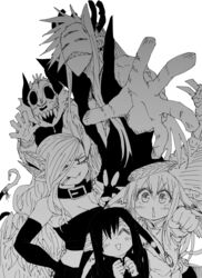  2girls 4boys :&lt; :d absurdres breasts byakuren_(mazohana) cigarette clenched_hand commentary crown_(mazohana) demon_boy demon_girl demon_horns duplicate fang_out fangs greyscale highres horns kewpie_(mazohaha) kokuren_(mazohana) mask medium_breasts mokugyo_(mazohana) monochrome multiple_boys multiple_girls musuko_ga_kawaikute_shikatanai_mazoku_no_hahaoya oerba_yun_fang open_mouth outstretched_hand pixel-perfect_duplicate sharp_teeth simple_background skull skull_mask smile teeth white_background zyugoya 