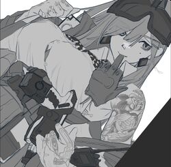  armpits ascot bare_shoulders breasts checkered_ascot checkered_clothes collared_shirt dutch_angle earrings eyes_visible_through_hair female girls&#039;_frontline glove_in_mouth gloves goggles goggles_on_head greyscale hair_between_eyes highres jewelry large_breasts mole mole_under_eye monochrome mouth_hold shirt sig_mcx_(girls&#039;_frontline) sleeveless sleeveless_shirt solo taser tattoo undressing upper_body utsuda walkie-talkie white_background 