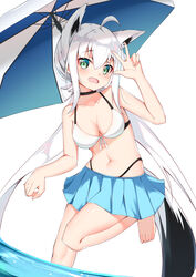  absurdres ahoge animal_ear_fluff animal_ears azur_lane bad_id bad_pixiv_id bare_shoulders barefoot bikini bikini_skirt black_choker blue_skirt blue_umbrella blush braid breasts catnnn choker cleavage collarbone commentary feet female fox_ears fox_girl fox_tail front-tie_bikini_top front-tie_top green_eyes hair_between_eyes highleg highres hololive long_hair looking_at_viewer navel open_mouth pleated_skirt shirakami_fubuki shirakami_fubuki_(beachside_fox) skirt smile solo standing standing_on_one_leg stomach swimsuit tail two-tone_umbrella umbrella virtual_youtuber w white_bikini white_hair white_umbrella 