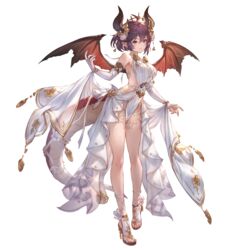  breasts bridal_gauntlets dragon_girl dragon_horns dragon_tail dragon_wings dress female full_body granblue_fantasy grea_(shingeki_no_bahamut) horns jewelry large_breasts looking_at_viewer minaba_hideo official_art pointy_ears purple_hair red_eyes shingeki_no_bahamut short_hair solo tail toes transparent_background white_dress wings 