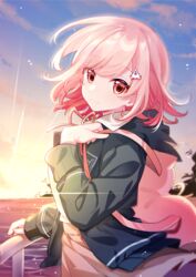  absurdres animal_bag backpack bag black_jacket brown_skirt cat_bag commentary danganronpa_(series) danganronpa_2:_goodbye_despair day female flipped_hair galaga hair_ornament highres hood jacket looking_at_viewer medium_hair midou_(grk12138) nanami_chiaki neck_ribbon open_clothes open_jacket outdoors pink_bag pink_eyes pink_ribbon ribbon shirt skirt smile solo water 