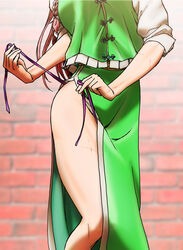  blue_skirt blue_vest chinese_clothes commentary_request female hong_meiling koyubi_(littlefinger1988) legs lower_body panties pelvic_curtain red_hair scar side-tie_panties skirt solo thighs touhou underwear untied_panties vest 