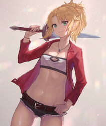  aito bandeau beige_background belt blonde_hair braid breasts brown_belt cleavage collarbone commentary_request denim denim_shorts fate/grand_order fate_(series) female fur_trim green_eyes highres holding holding_sword holding_weapon jacket jewelry long_hair looking_at_viewer medium_breasts midriff mordred_(fate) mordred_(fate/apocrypha) mordred_(memories_at_trifas)_(fate) navel necklace ponytail red_jacket short_shorts shorts simple_background smile solo stomach strapless sword tube_top weapon 