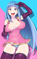  ass_visible_through_thighs blue_hair blush breasts breasts_apart dress elbow_gloves female gloves highres hori_shin large_breasts long_hair looking_at_viewer me!me!me! meme_(me!me!me!) open_mouth purple_eyes purple_thighhighs simple_background skindentation smile solo standing striped thighhighs two-tone_background very_long_hair 