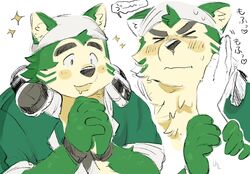  &gt;_&lt; 1boy bara blush blush_stickers collage commentary_request cropped_torso dog_boy drooling furry furry_male green_fur headphones headphones_around_neck heart highres interlocked_fingers live_a_hero male_focus mokdai_(live_a_hero) mouth_drool own_hands_together plump pov_adoring short_hair shy sparkling_aura thick_eyebrows touuuda translated upper_body v-shaped_eyebrows 