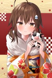  ahoge blush bottle bovine brown_eyes brown_hair checkered_background chinese_zodiac closed_mouth commentary_request female floral_print fur_collar hair_between_eyes hair_ornament hands_up highres holding japanese_clothes kimono komomo_(ptkrx) long_hair long_sleeves looking_at_viewer low_twintails milk_bottle obi orange_kimono original print_kimono sash sidelocks smile solo twintails upper_body wide_sleeves year_of_the_ox 