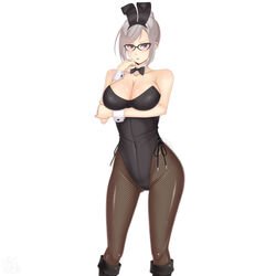  absurdres animal_ears black_bow black_bowtie black_footwear black_leotard black_pantyhose boots bow bowtie breasts brown_eyes cleavage commentary_request cowboy_shot detached_collar fake_animal_ears female glasses grey_hair hair_bun highres large_breasts leotard long_hair looking_at_viewer pantyhose playboy_bunny prison_school rabbit_ears sainohikari shiraki_meiko short_hair simple_background single_hair_bun solo standing strapless strapless_leotard white_background wrist_cuffs 