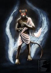  2018 4_toes 5_fingers anthro barefoot black_background brown_body brown_fur claws clothing costume dark_theme erkhyan euplerid facial_markings feet fingers fossa fur glowing glowing_eyes halloween halloween_costume head_markings hi_res holidays long_claws looking_at_viewer male mammal markings mask_(marking) mijoro_(erkhyan) mostly_nude night red_eyes shroud simple_background solo supernatural toes undead zombie 