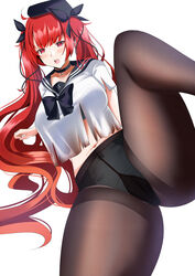  absurdres ahoge azur_lane beret black_bow black_bowtie black_bra black_choker black_hat black_ribbon black_sailor_collar black_skirt blush bow bowtie bra bra_peek breasts choker collarbone commentary female fine_fabric_emphasis gusset hair_ribbon hat highres honolulu_(azur_lane) honolulu_(umbrella_girl)_(azur_lane) large_breasts leg_up long_hair looking_at_viewer midriff navel official_alternate_costume open_mouth panties panties_under_pantyhose pantyhose red_eyes red_hair ribbon sailor_collar school_uniform serafuku shirt short_sleeves sidelocks simple_background sitting skirt solo teeth thighband_pantyhose torn_clothes torn_shirt twintails underwear upper_teeth_only very_long_hair white_background white_shirt yoru_(77957792) 