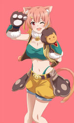  animal_ear_fluff animal_ears animal_hands bandeau bare_shoulders bell belt belt_buckle blush boots breasts brown_gloves brown_vest buckle cat_ears cat_girl cat_paws cat_tail cleavage cosplay crop_top dars_(recolors) female fur-trimmed_boots fur-trimmed_gloves fur_collar fur_trim gloves green_shirt hair_ornament hairclip hands_up highleg highres hiyori_(princess_connect!) hiyori_(princess_connect!)_(cosplay) jingle_bell looking_at_viewer medium_breasts midriff navel neck_bell one_eye_closed open_mouth orange_hair paw_gloves paw_pose pink_hair princess_connect! puffy_shorts red_background red_eyes shirt short_hair shorts simple_background smile solo standing star_(symbol) stomach tail touyama_nao vest voice_actor_connection yahari_ore_no_seishun_lovecome_wa_machigatteiru. yellow_shorts yuigahama_yui 