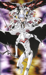  1boy absurdres artist_request ayanami_rei bident blue_hair closed_mouth collarbone female flying grey_hair hair_between_eyes heavy_spear_(evangelion) highres holding holding_polearm holding_weapon lance_of_longinus_(evangelion) looking_at_viewer mass_production_eva mecha nagisa_kaworu navel neon_genesis_evangelion nude official_art open_mouth polearm red_eyes robot short_hair source_request spear teeth the_end_of_evangelion tongue traditional_media weapon wings 