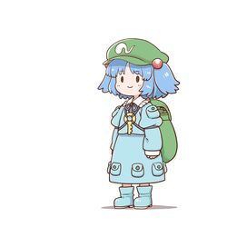  backpack bag blue_footwear blue_hair blue_shirt boots chibi commentary female flat_cap green_hat hair_bobbles hair_ornament hat kawashiro_nitori key long_sleeves medium_hair pocket poronegi rubber_boots shirt skirt skirt_set smile solid_oval_eyes solo touhou twintails two_side_up white_background 