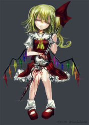  ascot blonde_hair blood blood_on_hands blood_on_leg closed_eyes closed_mouth collared_shirt commentary_request crystal dated female flandre_scarlet frilled_shirt_collar frilled_skirt frills full_body grey_background hair_between_eyes hair_ribbon holding holding_sword holding_weapon impaled lastdark long_bangs long_hair mary_janes no_headwear one_side_up pigeon-toed puffy_short_sleeves puffy_sleeves rainbow_order red_footwear red_ribbon red_skirt red_vest ribbon self-harm shirt shoes short_sleeves simple_background skirt skirt_set skull smile socks solo sword touhou twitter_username vest weapon white_shirt white_socks wings yellow_ascot 