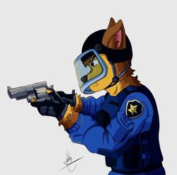  anthro bulletproof_vest canid canine canis chase_(paw_patrol) clothing domestic_dog german_shepherd gloves gun handgun handwear herding_dog holding_gun holding_handgun holding_object holding_ranged_weapon holding_revolver holding_weapon male mammal nickelodeon pastoral_dog paw_patrol police police_helmet police_uniform ranged_weapon revolver shein07_(artist) simple_background solo unavailable_at_source uniform weapon white_background 