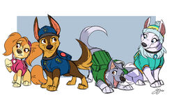  2016 ass_up backpack canid canine canis chase_(paw_patrol) clothed clothing cockapoo collar domestic_dog everest_(paw_patrol) female feral german_shepherd group hat headgear headwear herding_dog husky looking_aside looking_at_another male mammal mixed_breed nickelodeon nordic_sled_dog open_mouth pastoral_dog paw_patrol police police_uniform probablyfakeblonde raised_tail rocky_(paw_patrol) simple_background skye_(paw_patrol) spitz tail tongue uniform 