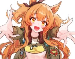  :d animal_ears bad_id bad_pixiv_id black_ribbon blush commentary_request crop_top ear_ribbon female grey_jacket highres horse_ears horse_girl jacket long_hair long_sleeves looking_at_viewer mayano_top_gun_(umamusume) midriff open_clothes open_jacket open_mouth orange_hair outstretched_arms reaching reaching_towards_viewer ribbon shirt simple_background smile solo stomach two_side_up umamusume very_long_hair white_background xiaoluo_xl yellow_eyes yellow_shirt 