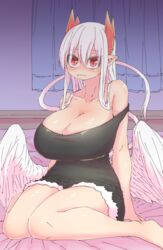  absurdres bed black_shorts black_tank_top breasts cleavage commentary curtains demon_girl demon_horns denim denim_shorts feathered_wings female highres horns huge_breasts long_hair lorem_(mazohaha) musuko_ga_kawaikute_shikatanai_mazoku_no_hahaoya on_bed pointy_ears red_eyes red_horns shorts sitting solo tail tank_top white_hair white_tail white_wings wings zyugoya 