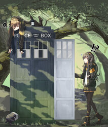  1other 2girls 404_logo_(girls&#039;_frontline) ? armband chicory commentary_request crossover dinergate_(girls&#039;_frontline) doctor_who forest girls&#039;_frontline highres korean_commentary multiple_girls nature non-humanoid_robot one_side_up pantyhose police_box robot sangvis_ferri scar scar_across_eye scar_on_face tardis twintails ump45_(girls&#039;_frontline) ump9_(girls&#039;_frontline) yellow_armband 