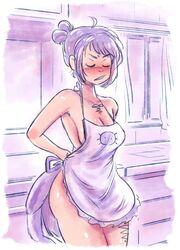  amiya_aranha annoyed apron arthropod_limbs blush breasts bucko_(amiya_aranha) cleavage closed_eyes collarbone cowlick curtains extra_legs female frown hair_behind_ear hair_bun highres indie_virtual_youtuber jd_benefield medium_breasts naked_apron parted_lips purple_apron purple_hair single_hair_bun solo v-shaped_eyebrows virtual_youtuber 