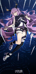  absurdres arknights black_hairband black_horns black_shirt breasts commentary crossed_bangs english_commentary female hair_between_eyes hairband highres horns large_breasts large_horns leotard long_hair postalworks purple_eyes purple_hair ripples shirt solo typhon_(arknights) very_long_hair water 